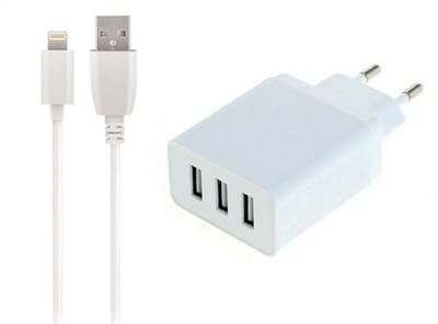 OneOne 3A lader met 3 poorten + 0,5m OneOne Lightning kabel. Universele oplader adapter past op Apple iPhone XR, iPhone XS, iPhone XS Max, iPhone 10, iPhone 11, iPhone 11 Pro, iPhone 11Pro Max, iPhone 12, iPhone 12 Mini, iPhone 12 Pro