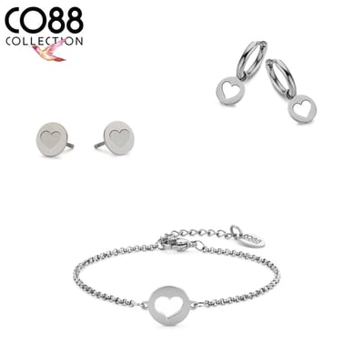 CO88 Collection 8CO-SET103 Stalen Sieraden Set - Dames - Armband - 16,5 + 3 cm - 2 Oorbellen - Hartjes - Staal - Zilverkleurig