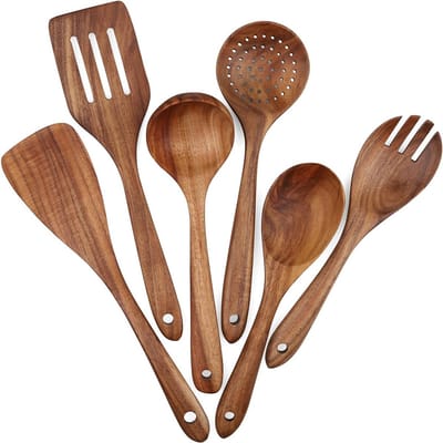 QTTVBTNA -Houten Kooklepels Set – 6-delige Keukenhulpen van Hout met Platte Handgreep – Duurzame Keukenaccessoires voor Dagelijks Gebruik