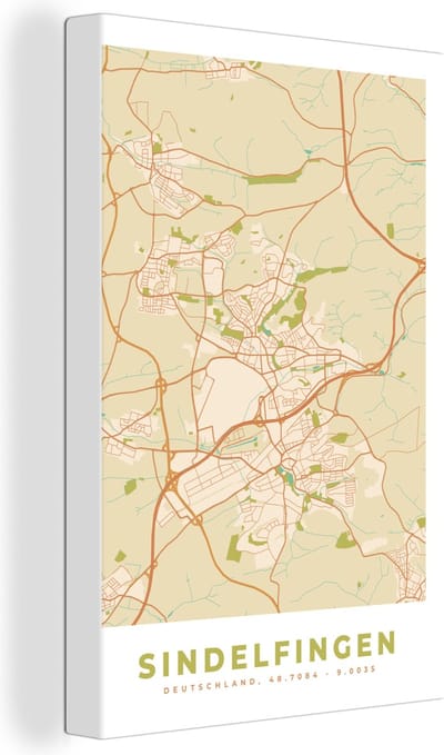 Canvas Schilderij Plattegrond - Sindelfingen - Kaart - Stadskaart - Vintage - 20x30 cm - Wanddecoratie