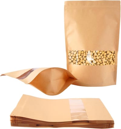 25 Stuks Kraft Papieren Zakjes met Venster, 20x30cm Herbruikbare Verpakkingen voor Noten, Zaden en Koffie