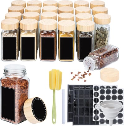 NAIZY kruidenpotjes vierkant 24 stuks 120ml glazen kruidenpotjes met hagelslag inzet, waterdichte etiketten, trechter, schoonmaakborstel kruidenpotje voor kruiden keuken accessoires, houten deksel