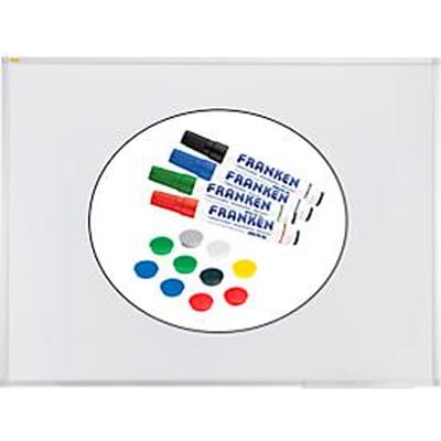 Franken Whiteboard X-tra!Line, staal, magnetisch, beschrijfbaar, B 1200 x H 900 mm, wit gelakt, incl. 4 whiteboard markers + 10 assorti gekleurde magneten