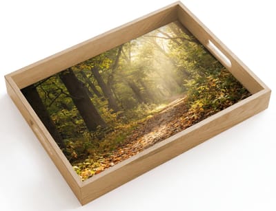 Dienblad hout 40x30 cm - Schootdienblad - Zonlicht - Bospad - Bomen - Borrelplank rechthoek - Plateau dienbladen