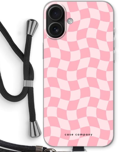 Case Company® - Hoesje met koord geschikt voor iPhone 16 Plus hoesje met Koord - Grid Roos - Telefoonhoesje met Zwart Koord - Bescherming aan alle Kanten en Over de Schermrand