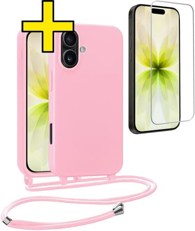 Hoesje Geschikt voor iPhone 17 Hoesje Met Koord Met Screenprotector Siliconen Case - Hoes Geschikt voor iPhone 17 Backcover Met Afneembaar Koord - Lichtroze