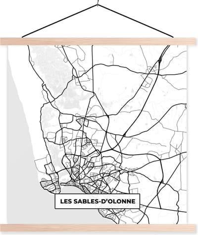 Posterhanger incl. Poster 40x40 cm - Schoolplaat - Frankrijk - Kaart - Les Sables-D'olonne - Plattegrond - Stadskaart - Zwart wit - Textielposter - Blanke latten - Stadskaart