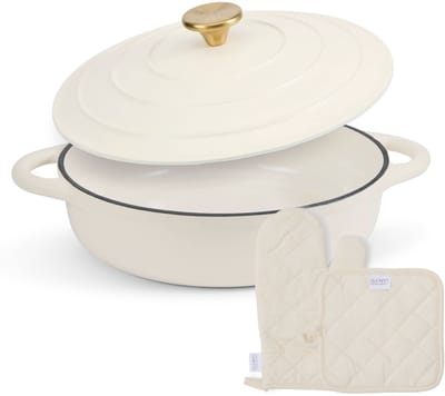 ISENVI Byron Gietijzeren Emaille Hapjespan met Deksel, Ovenwant en Pannenlap - 28 cm - Geschikt voor Inductie - PFAS, PTFE Vrij