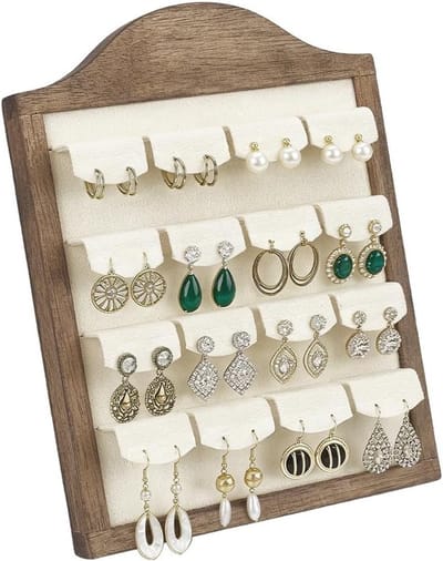 Set van houten oorbellen tentoonstellingsstandaard in boogvorm, kleur kokosbruin, met 16 kaarten en fotolijst 24,6 x 19 cm, perfect voor sieradenpresentatie en organisatie