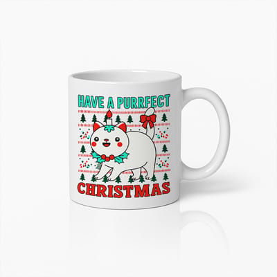 Schattige Kerst Kat Mok 330ml – “Have a Purrfect Christmas” Feestelijke Witte Mok voor de Feestdagen