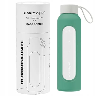Glazen Motivatiefles 500ml – Duurzame Waterfles in Lagoon