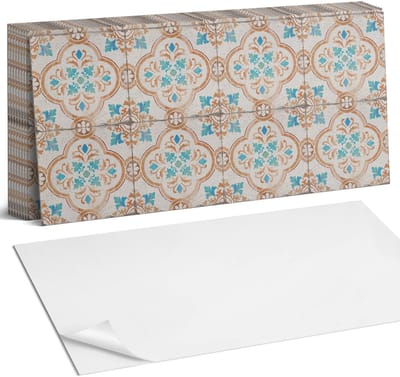 Coloray Plaktegels - Decoratief motief met bloemen Zelfklevende Wandtegels - 40 cm x 20 cm - Turkoois Plaktegels - 10 stuks - Rechthoek PVC Tegels - Plaktegels Badkamer - Vloertegels Zelfklevend - Vinyl Tegels - Portugese Tegels