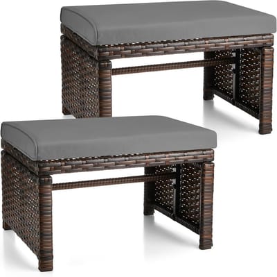 2 stuks patio rotan Ottomanen, outdoor rieten PE-voetenbank met verwijderbare kussens, zachte kussens met ritssluiting, 3-in-1 functie, voetenbank en bijzettafel voor achtertuin, balkon,