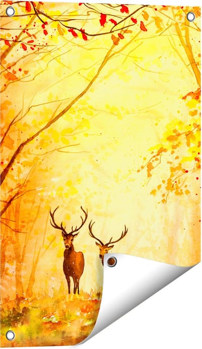 Gards Tuinposter Getekende Herten in het Bos - Herfst - 40x60 cm - Tuindoek - Tuindecoratie - Wanddecoratie buiten - Tuinschilderij