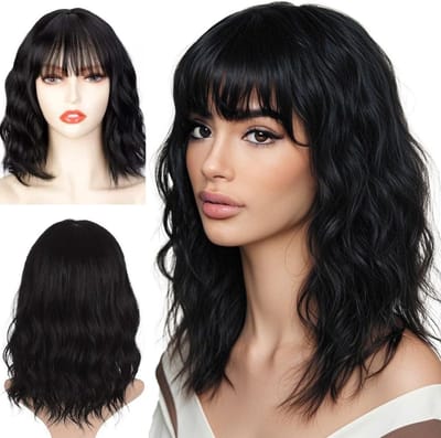 Korte Bob Peruk met Pony, Golvend en Krullend, Schouderlengte, Natuurlijke Look, Hittebestendig, Ideaal voor Cosplay en Feestjes