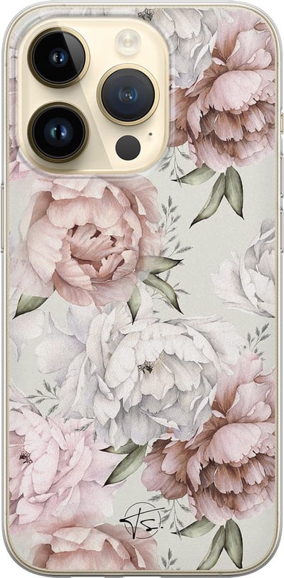 Hoesje geschikt voor iPhone 14 Pro - Klassieke bloemen - Soft Case - TPU - Bloemen - Beige - Mooie Telefoonhoesjes