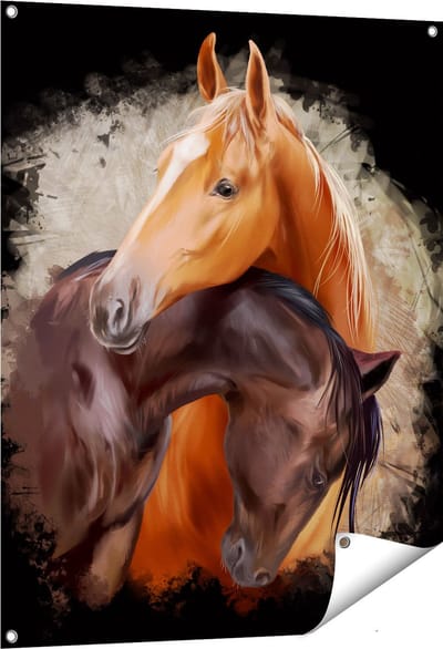 Gards Tuinposter Twee Getekende Knuffelende Paarden - Abstract - 80x100 cm - Tuindoek - Tuindecoratie - Wanddecoratie buiten - Tuinschilderij