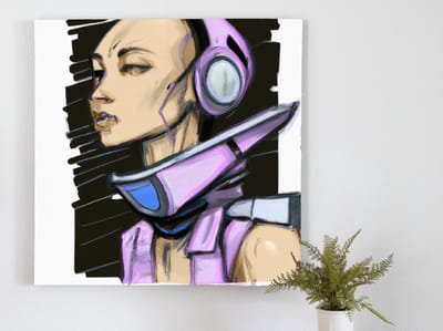 Digital dj a futuristic figure with headphones and smart glasses | Digital DJ: A Futuristic Figure with Headphones and Smart Glasses | Kunst - 20x20 centimeter op Dibond | Foto op Dibond