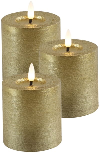 Countryfield Lyon LED kaars/stompkaars - 3x - goud - D7,5 x H8 cm - timer