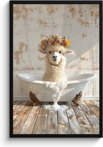 Poster in lijst - Fotolijst 60x90 cm - Posters - Vintage - Alpaca - Badkuip - Bloemen - Dieren - Posterlijst zwart - Wanddecoratie badkamer - Muurdecoratie WC - Decoratieve accessoires - Toilet muur decoratie