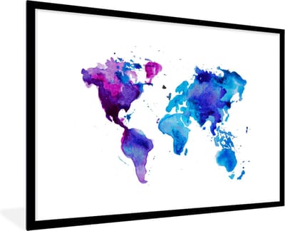 Poster in lijst - Fotolijst 90x60 cm - Posters - Wereldkaart - Waterverf - Paars - Kinderen - Jongens - Meisjes - Posterlijst zwart - Decoratie - Wanddecoratie woonkamer - Muurdecoratie slaapkamer