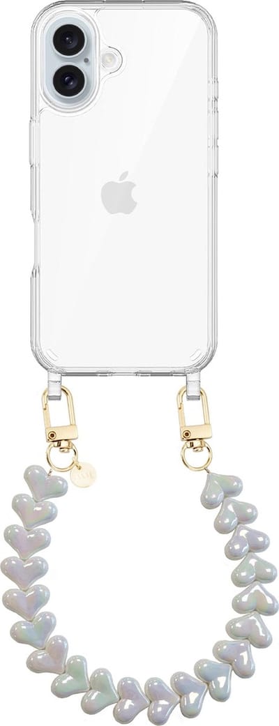 xoxo Wildhearts siliconen hoesje geschikt voor iPhone 16 Plus hoesje - Funky Hearts - Telefoonhoesje - Hoesje met koord - Metallic Wit koord - kort telefoonkoord - Hartjes ketting - Transparant hoesje
