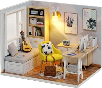 Miniatuur Poppenhuis - Houten Model - Creatief Knutselen - Inclusief LED-lampje - 12.7 x 10 x 10 cm - Zonnige Studeerkamer