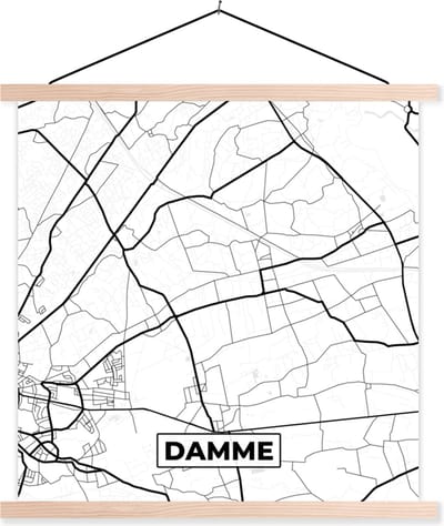 Posterhanger incl. Poster 40x40 cm - Schoolplaat - België – Damme – Stadskaart – Kaart – Zwart Wit – Plattegrond - Textielposter - Blanke latten - Stadskaart