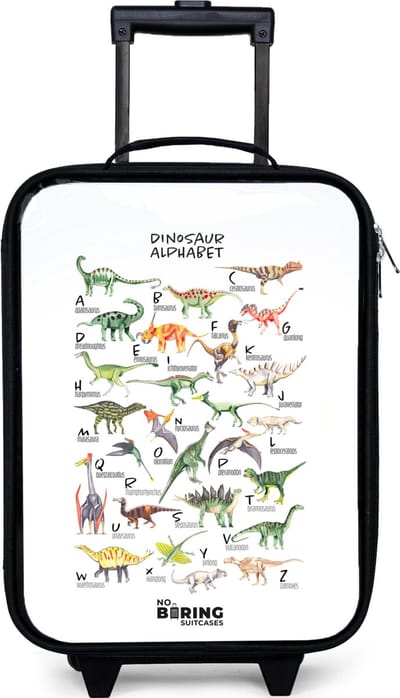 NoBoringSuitcases.com® - Kinderkoffer jongen - Kindertrolley meisje - Alfabet van dino's - Koffer kind lichtgewicht - Reiskoffer trolley voor kinderen - Koffertje met lichtgevende wieltjes - Rolkoffer zwart