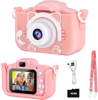 longziming Kindercamera voor Meisjes 3-12 Jaar – 2.0 Inch Display, Dubbele Lens, 32GB SD Kaart, Siliconen Hoes, Speelgoed Cadeau Kerst/Verjaardag