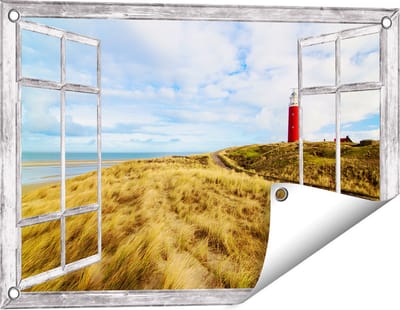 Gards Tuinposter Doorkijk Vuurtoren met Duinen in Texel - 60x40 cm - Tuindoek - Tuindecoratie - Wanddecoratie buiten - Tuinschilderij