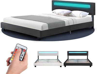 Tweepersoons bedframe met led-verlichting en lattenbodem, 180 x 200 cm, donkergrijs