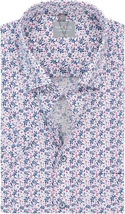 MARVELIS comfort fit overhemd - korte mouw - popeline - wit met blauw en donkerroze bloemetjes dessin - Strijkvrij - Boordmaat: 41 (EU maat: L)