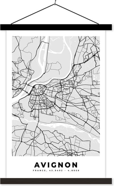 Posterhanger incl. Poster 40x60 cm - Schoolplaat - Frankrijk - Plattegrond - Kaart - Avignon - Stadskaart - Textielposter - Zwarte latten - Stadskaart