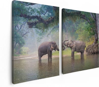 Artaza Canvas Schilderij Tweeluik Twee Olifanten In Het Water - 120x80 - Foto Op Canvas - Canvas Print