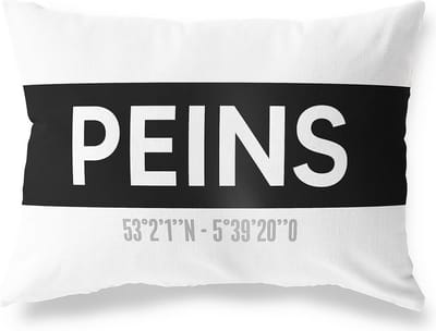 Tuinkussen PEINS - FRIESLAND met coördinaten - Buitenkussen - Bootkussen - Weerbestendig - Jouw Plaats - Studio216 - Modern - Zwart-Wit - 50x30cm