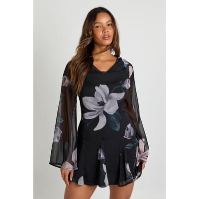 boohoo Dames Bloemenprint Mini-jurk van Chiffon met Lange mouwen | Black | Maat: 8