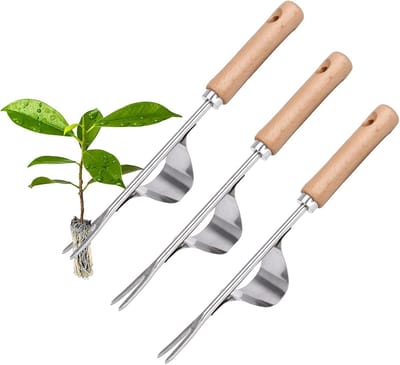 Onkruidsteker van roestvrij staal - 3 stuks - onkruidverwijderaar - apparaat met houten handvat - handmatige wieden - losmaken - handmatige wieder - leeuwentandtrekker - grasmaaier voor de tuin - tuingereedschap