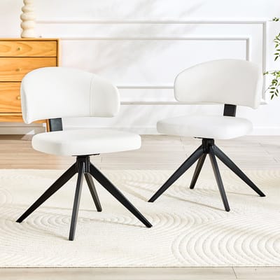 Eetkamerstoelen Set van 2 - Gebogen Rugleuning - PU Leren Zitting - Gestoffeerde Stoel - Draaibare Stoel - Metalen 4-Poots Frame - Keukenstoel - Woonkamerstoel - Bureaustoel - oor Woonkamer Keuken Kantoor - Wit
