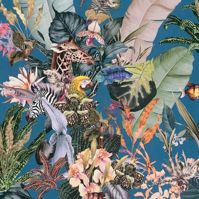 Dieren patroon behang Profhome 381764-GU glad vliesbehang zonder structuur in jungle stijl mat blauw geel groen roze 5,33 m2