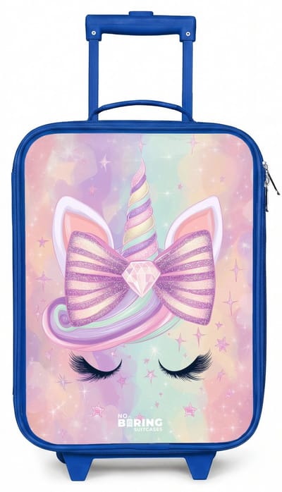 NoBoringSuitcases.com® - Kinderkoffer blauw - Kindertrolley jongen - Eenhoorn - Koffer kind lichtgewicht - Reiskoffer trolley voor kinderen - Koffertje met lichtgevende wieltjes - Rolkoffer