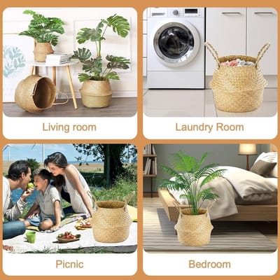 Set van 2 Ronde Opbergmanden van Zeegras met Handvatten, Vouwbare Mand voor Planten, Speelgoed en Organisatie (XXL 38×34cm)