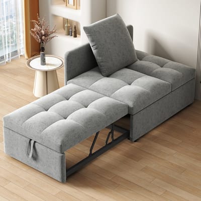 MODFU Slaapbank - 3-In-1 Omvormbaar Met 5-Standen Rugleuning - Voor Kleine Ruimtes - Linnen - Grijs - 177 X 68 X 65 Cm