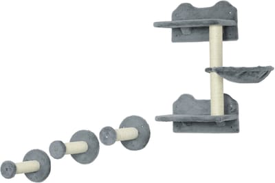 Killogood Klimtrap-/klimwandset voor katten - 4-delig - met krabpaal en hangmat - grijs-crèmewit - 40 x 28 x 73 cm