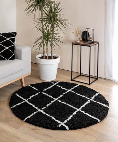 Rond hoogpolig vloerkleed ruiten Artisan - zwart/wit 120