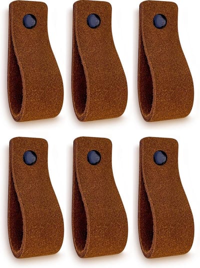 Leren handgrepen van zacht suede - Cognac - 6 stuks - 16,5 x 2,5 cm - incl. 3 kleuren schroeven - Handgrepen leer - Leren meubelgreep - Leren handvaten kast - Leren lus - Handgreep kast leer - Leren greepjes - Handvat leer - Leren deurgreep