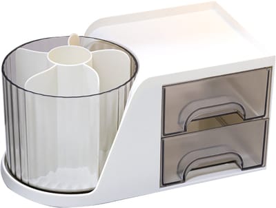 Bureau-opbergers - Potlood-Bureau-organizer met draaibare pennenhouder-draaibare potlodenorganizer-bureau-organizer-opbergcaddy met 2 lades -thuiskantoor-leraar-kinderen-kunstbenodigdheden-wit