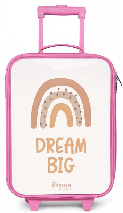 NoBoringSuitcases.com® - Kinderkoffer roze - Kindertrolley meisje - Regenboog met de quote 'Dream Big' - Koffer kind lichtgewicht - Reiskoffer trolley voor kinderen - Koffertje met lichtgevende wieltjes - Rolkoffer