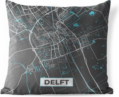 Buitenkussen Weerbestendig - Stadskaart - Delft - Grijs - Blauw - 50x50 cm - Plattegrond