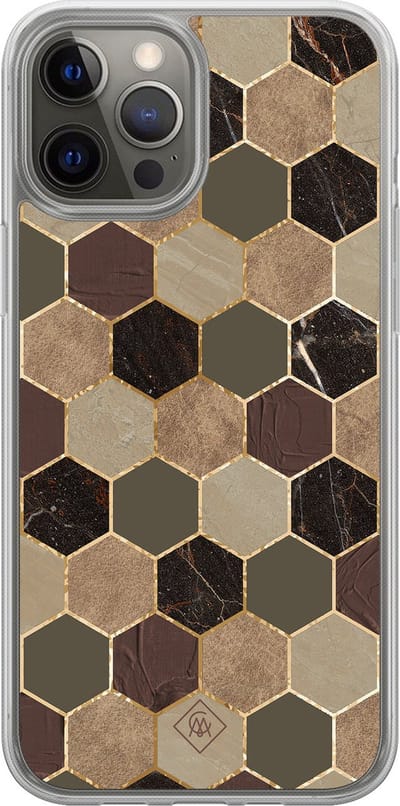 Casimoda® hoesje - Geschikt voor iPhone 12 Pro - Kubus Groen Bruin - 2-in-1 case - Schokbestendig - Geometrisch patroon - Verhoogde randen - Bruin/beige, Transparant